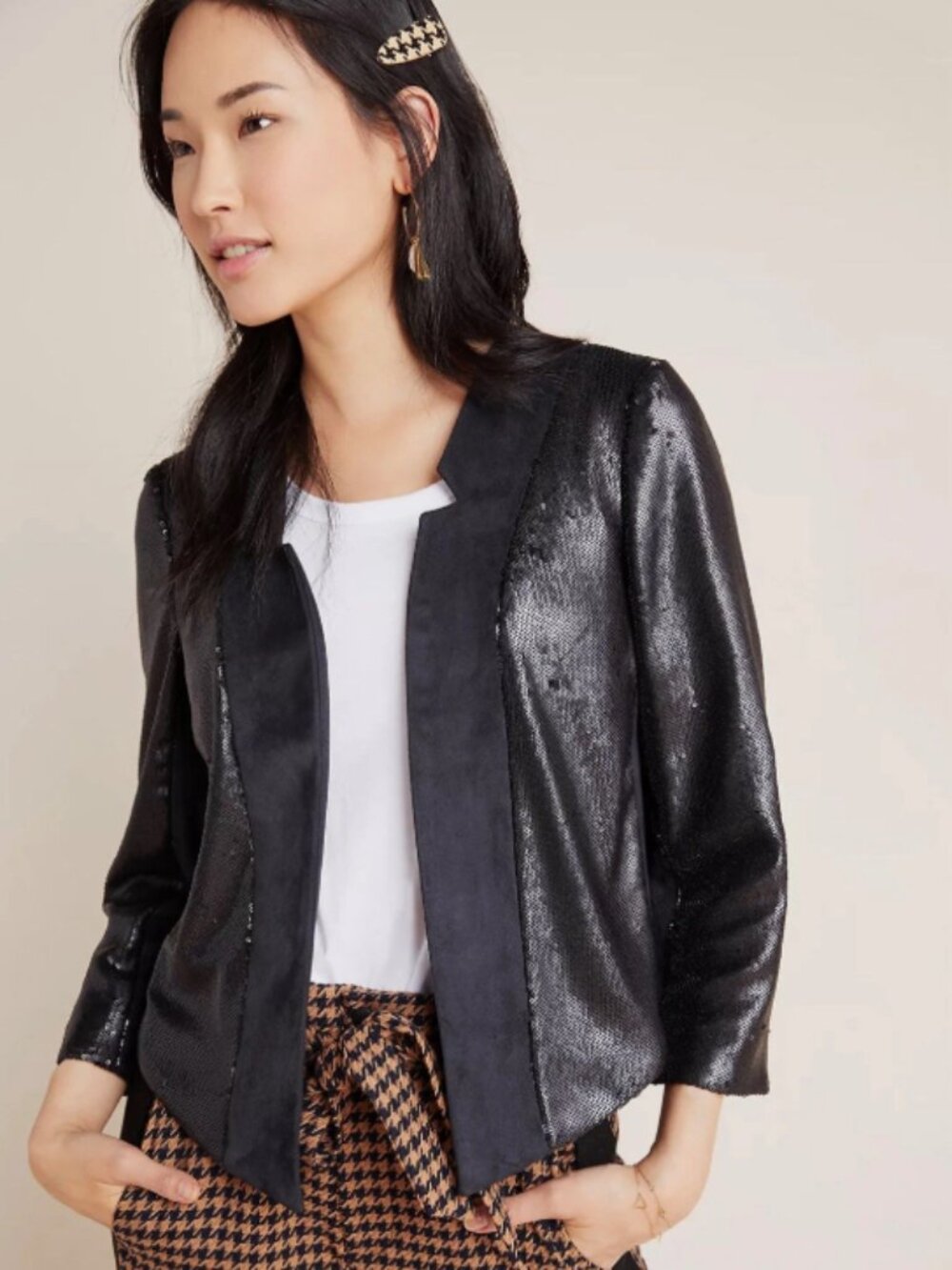Anthropologie Shonda sequined faux suede jacket black edgy medium EUC